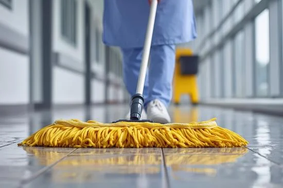 Unterhaltsreinigung: Reinigungskraft wischt den Boden im Büro