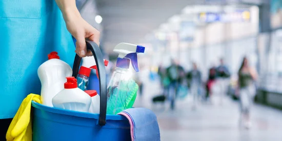 Unterhaltsreinigung: Reinigungskraft mit Reinigungsmittel im Einsatz